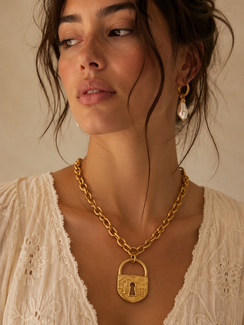 Matte Finish Gold Padlock Pendant Chain Necklace NWOT